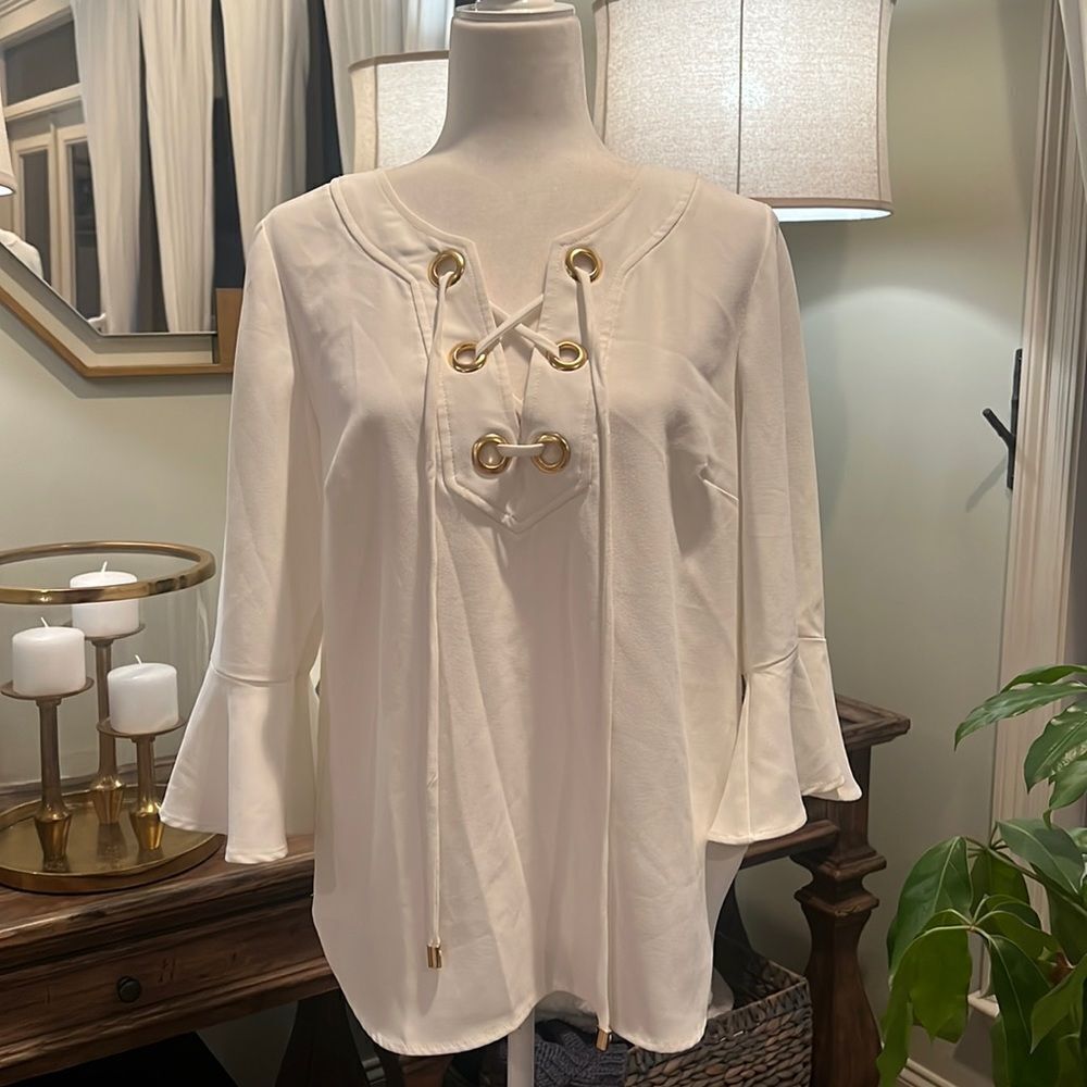 Trina Turk Bell Sleeve White Blouse Large